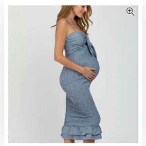 Pinkblush Blue Gingham Print Smocked Fitted Self-Tie Midi Dress Size M